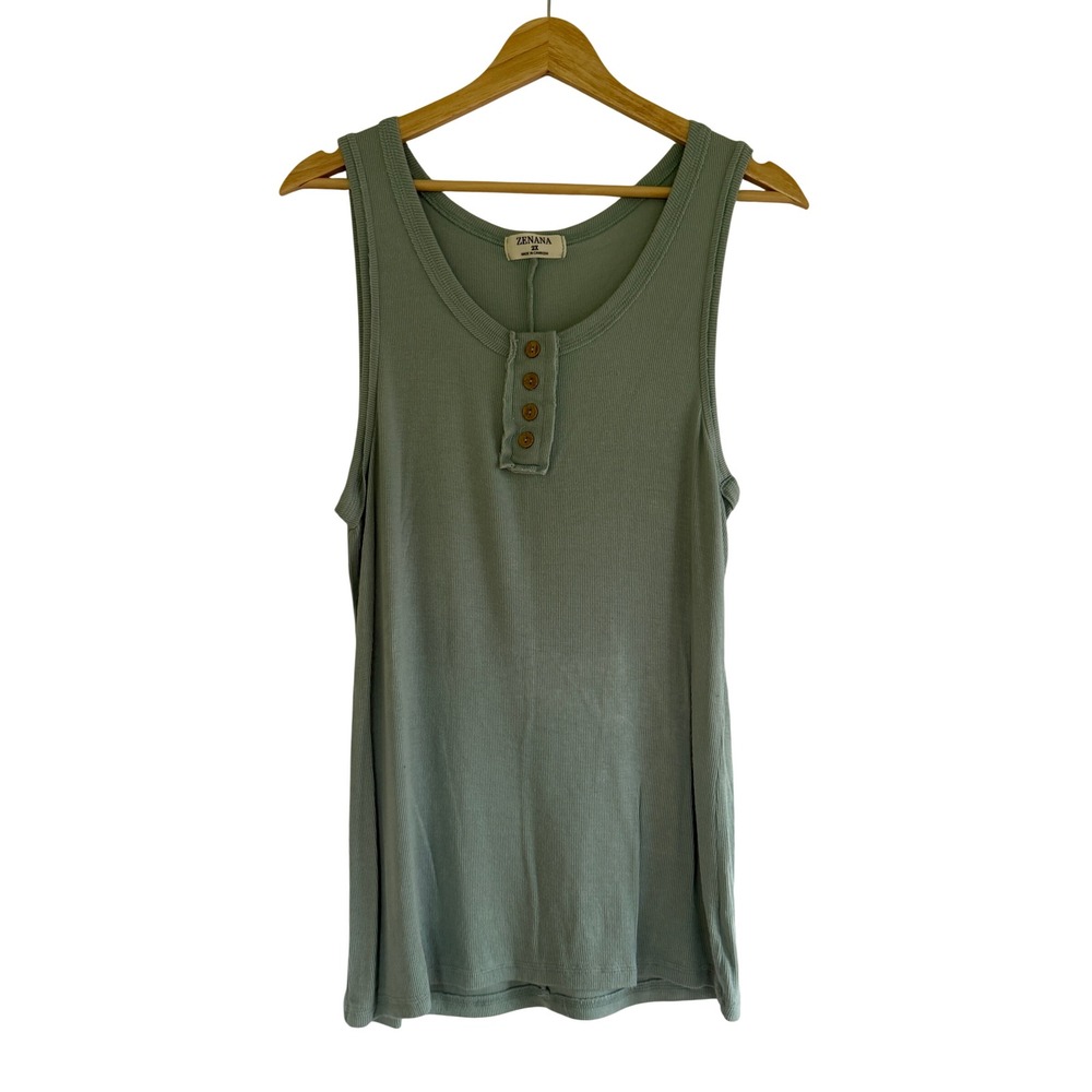 Zenana Womens 2X Sage Green Ribbed Henley Tank Top RT-8092X Sleeveless